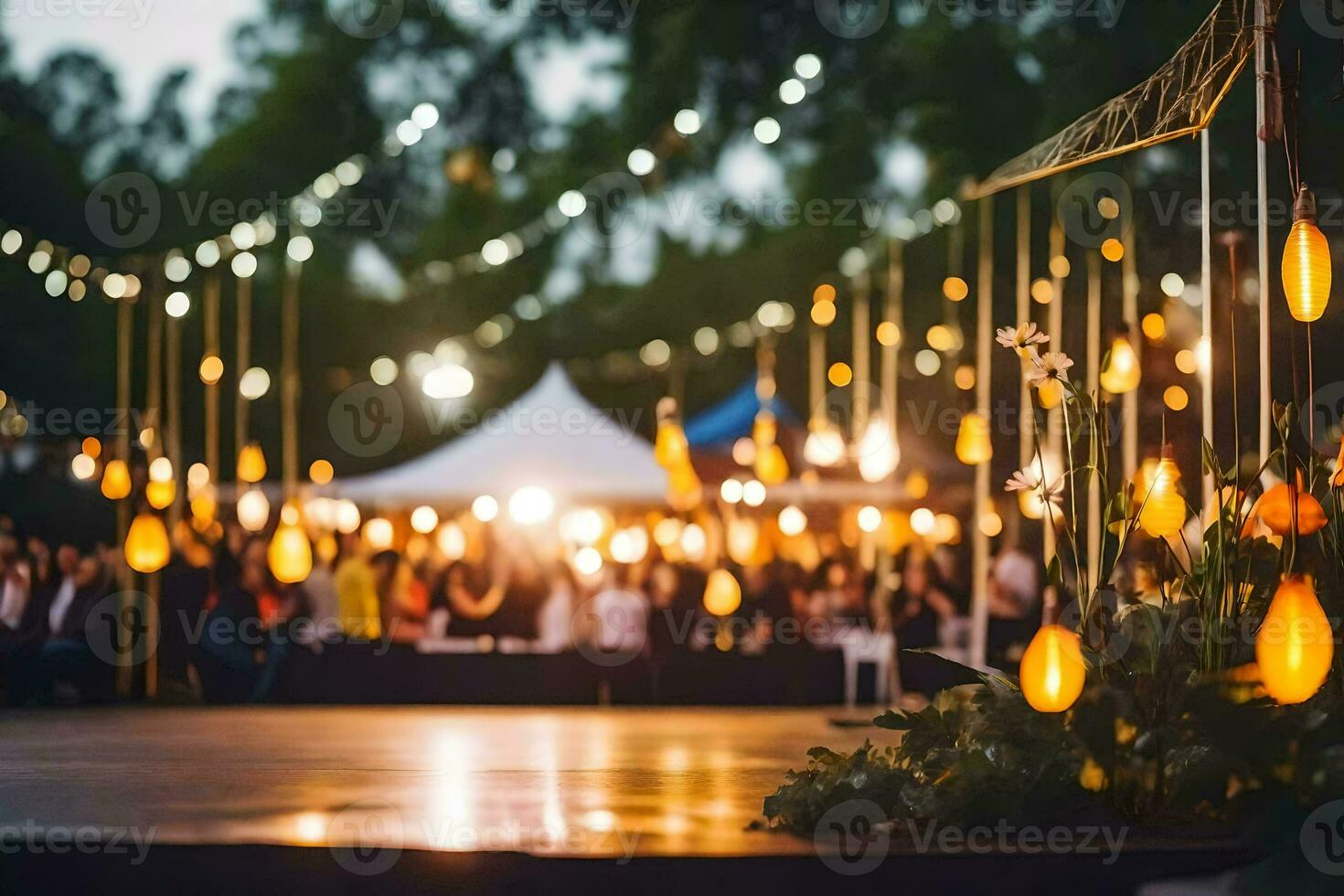 a wedding reception with lights and flowers. AI-Generated photo