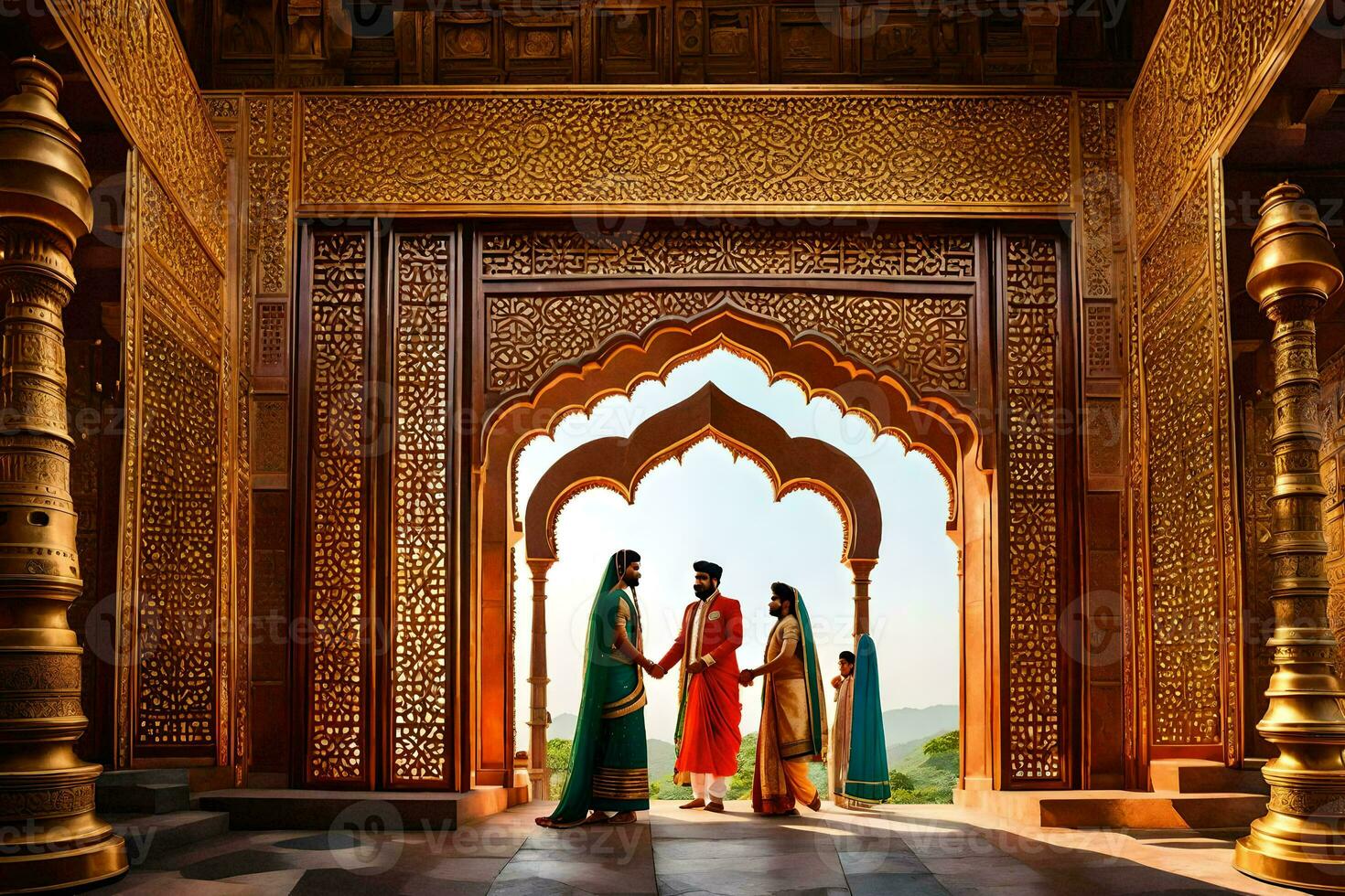 a couple in traditional indian attire standing in front of a doorway. AI-Generated photo