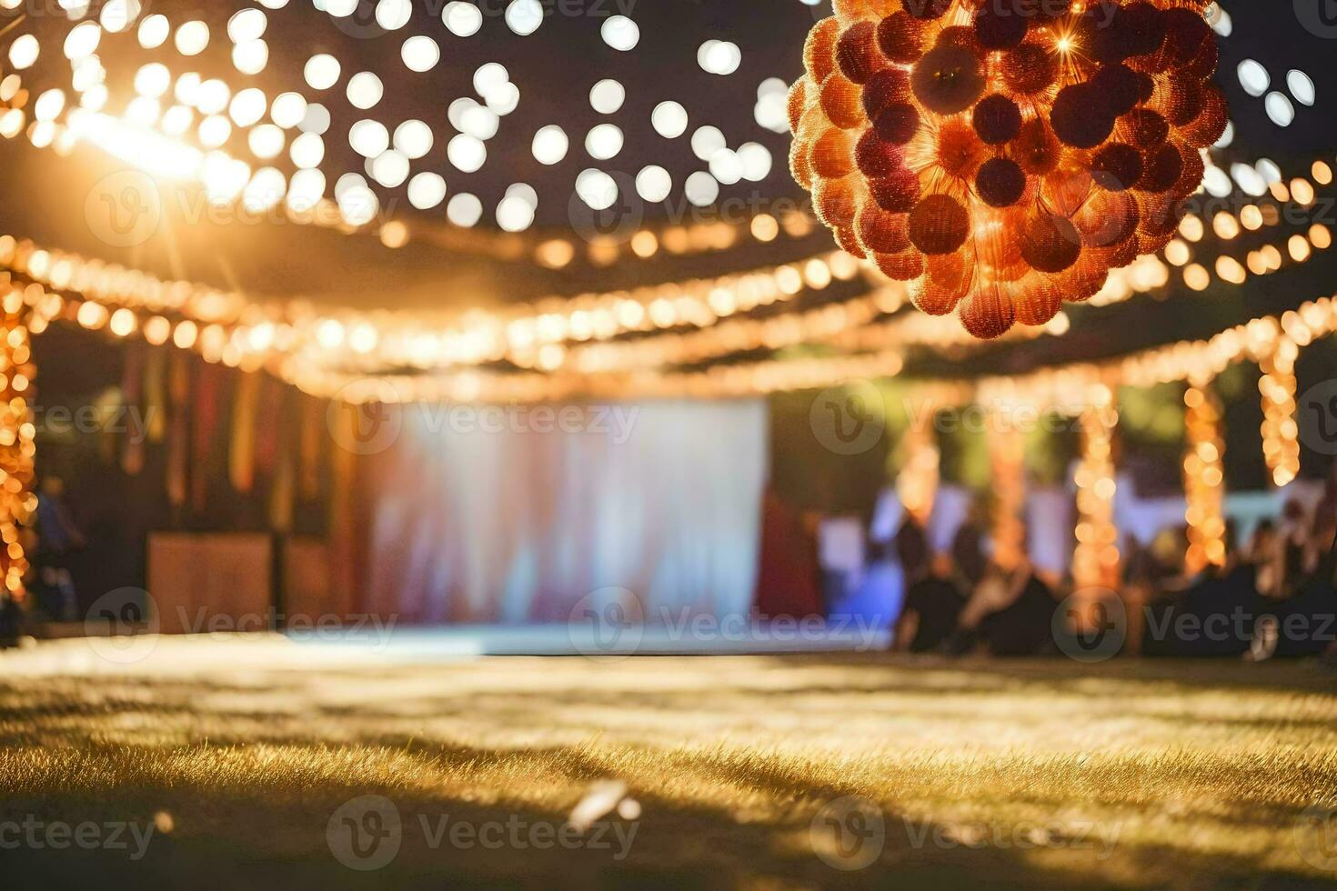 a large ball of orange lights hanging from the ceiling. AI-Generated photo