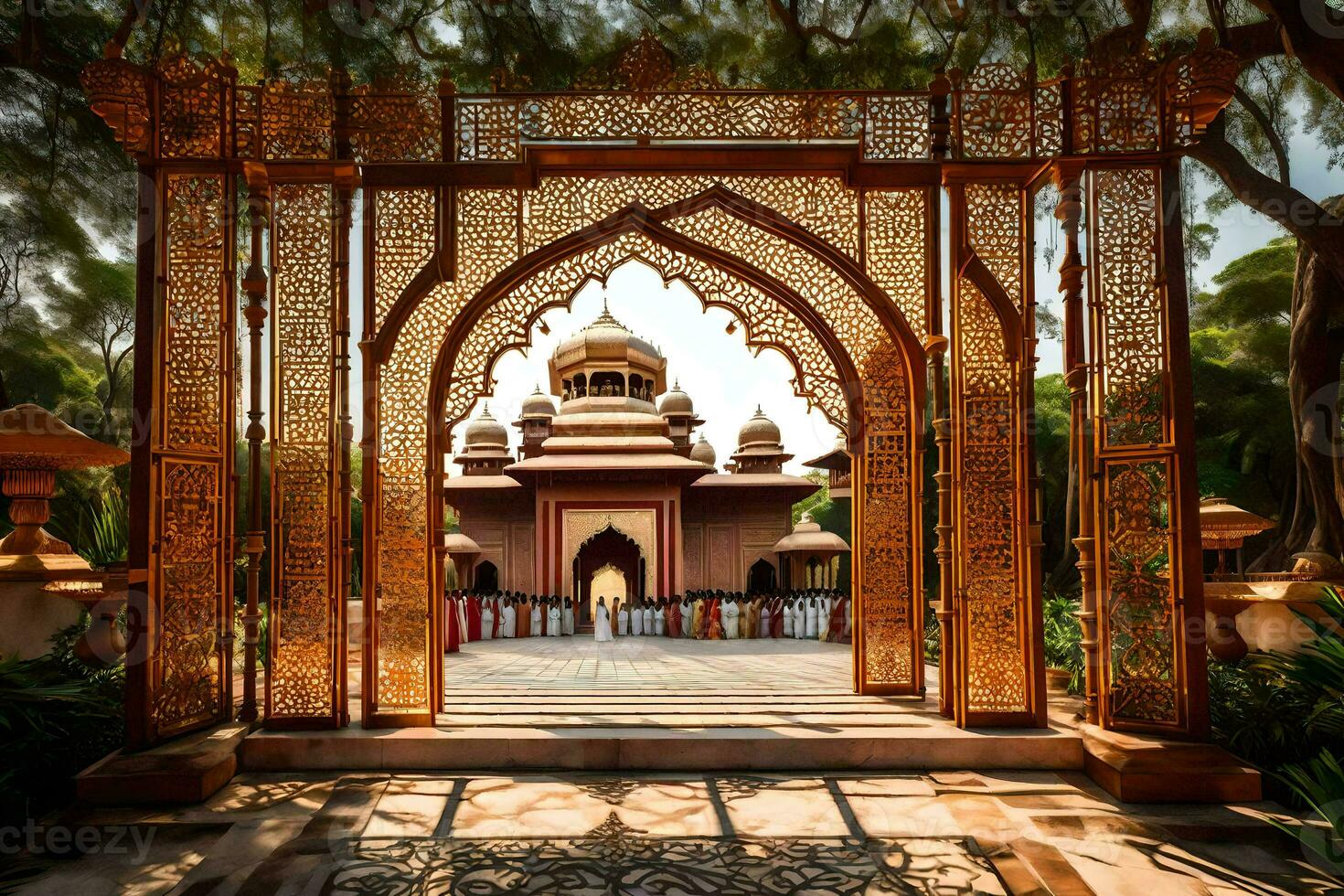 a golden gate with a large archway in front of it. AI-Generated photo