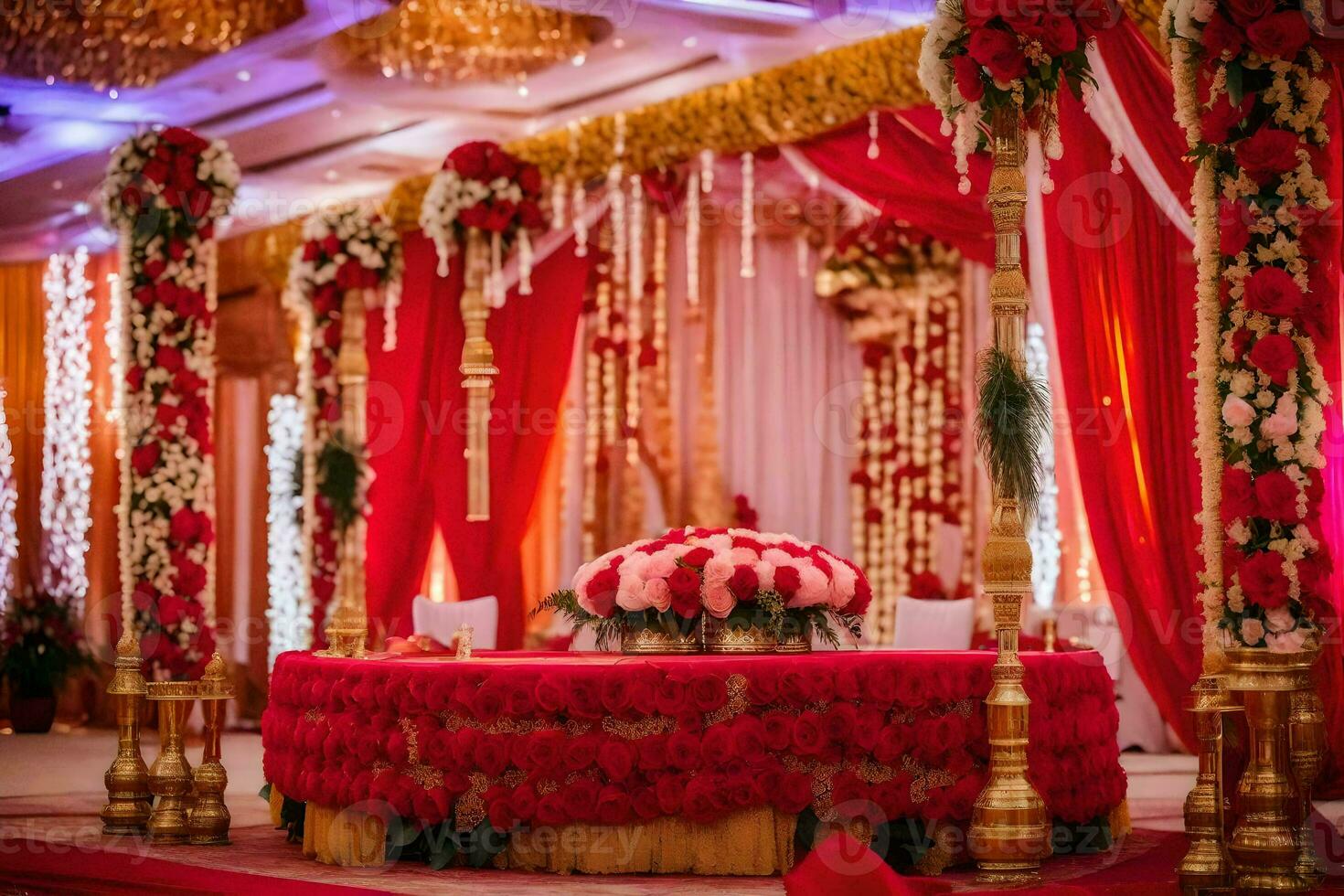 un rojo y oro Boda etapa decorado con flores generado por ai foto