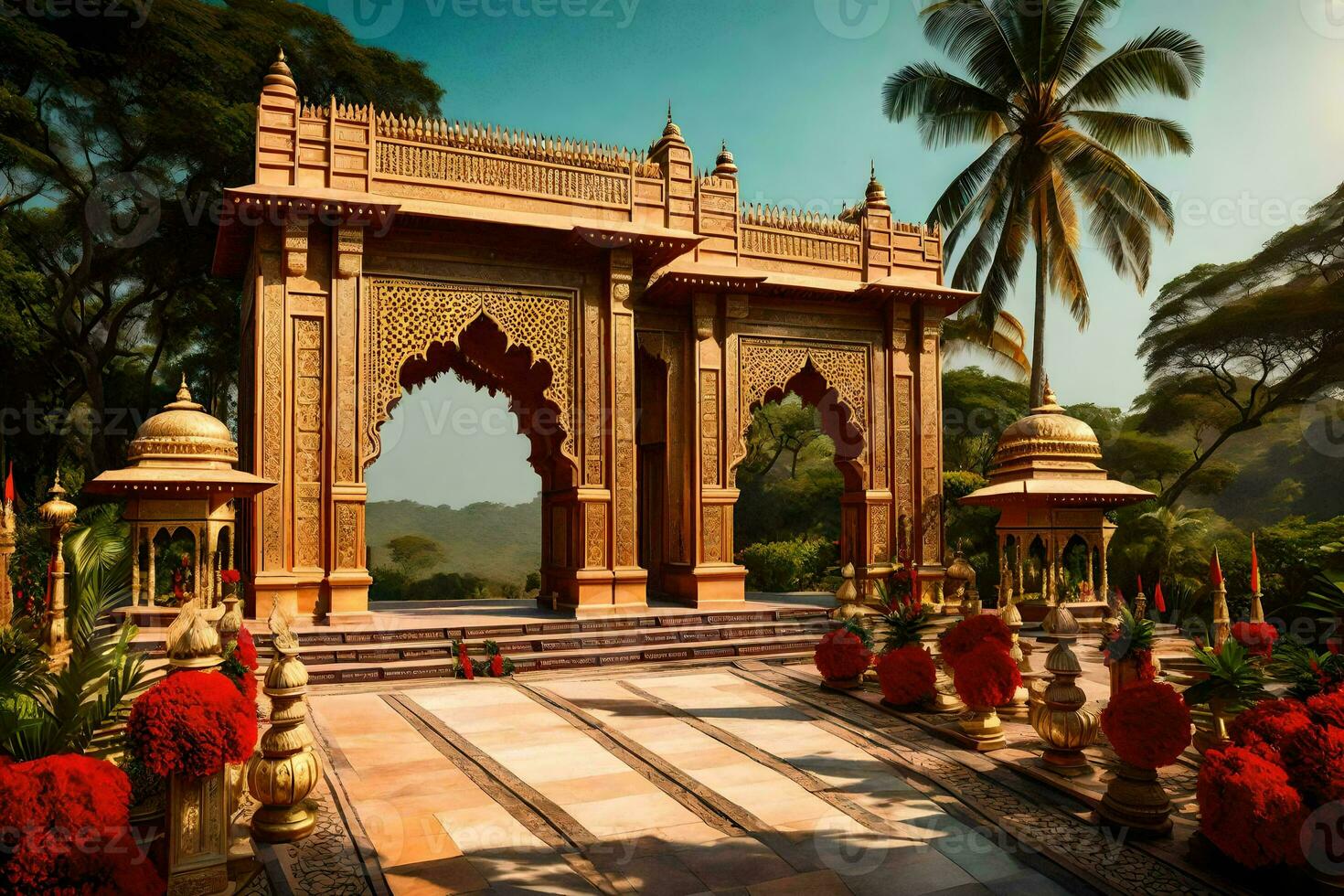 an ornate entrance to a garden with trees and flowers. AI-Generated photo