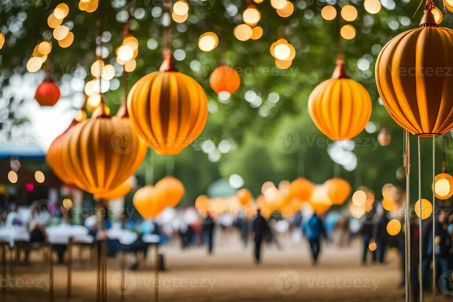 yellow lanterns hanging from trees in a park. AI-Generated photo