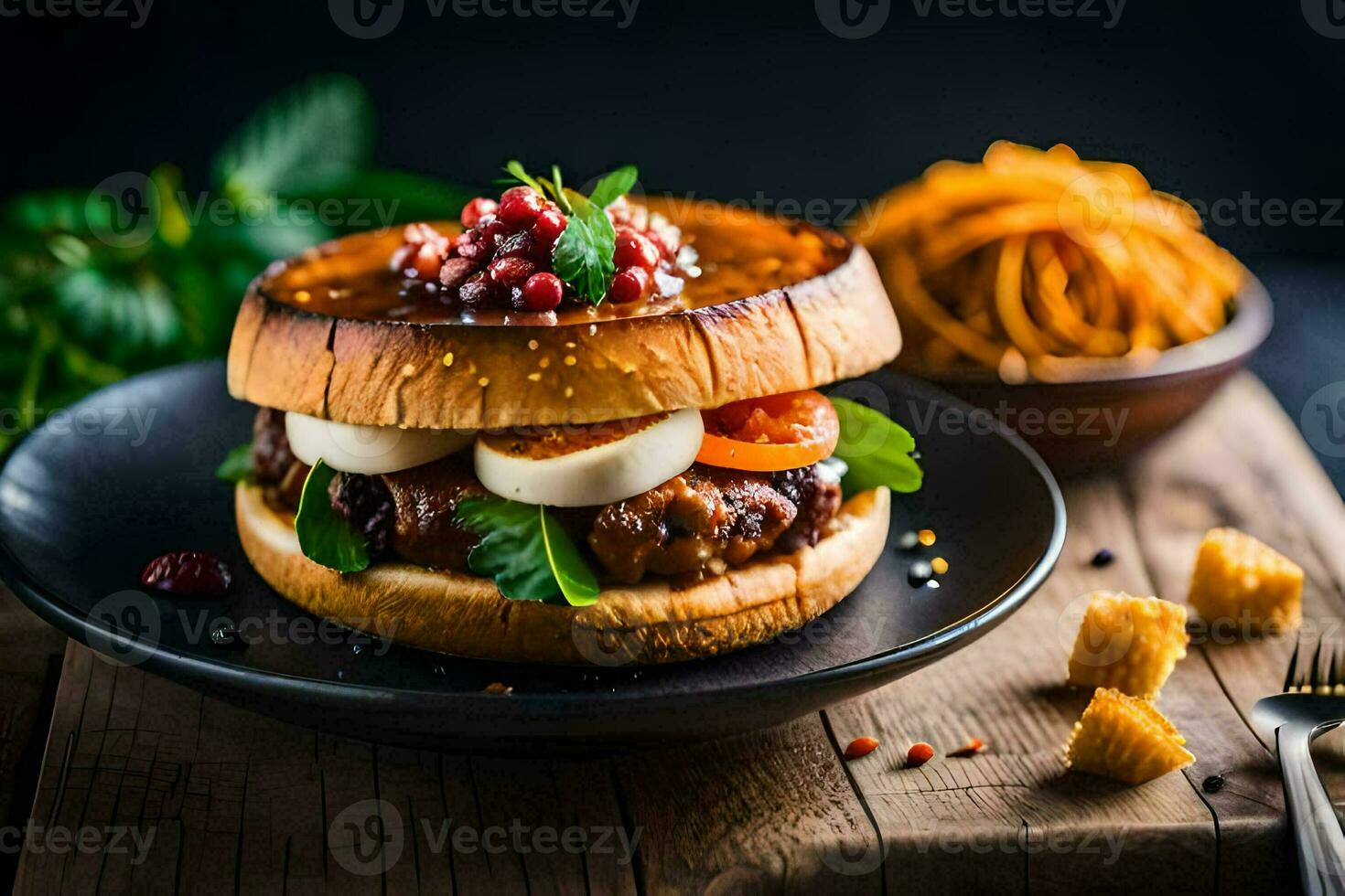 a burger with cheese, tomato and spinach on a plate. AI-Generated photo