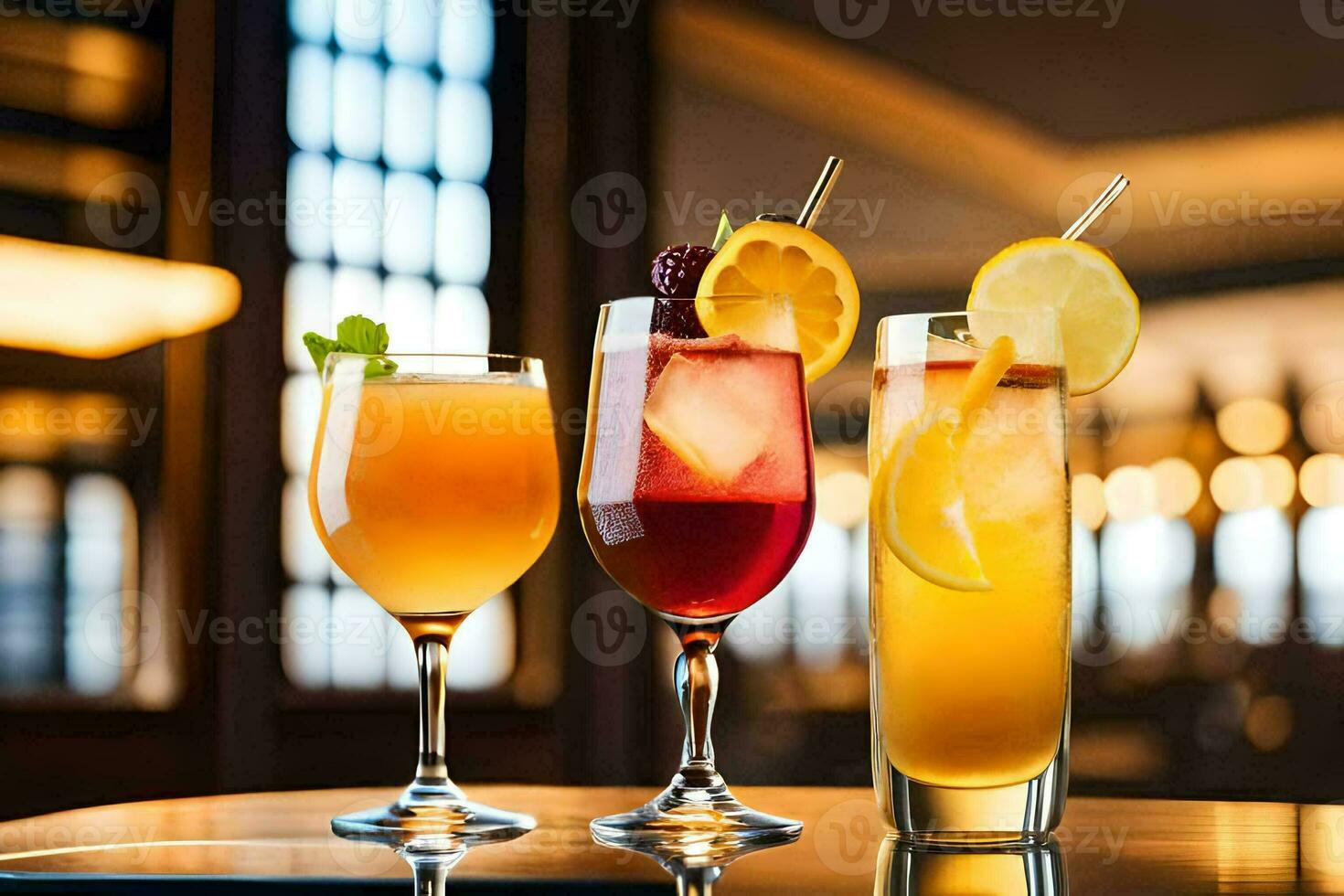 three different drinks are sitting on a table. AI-Generated photo