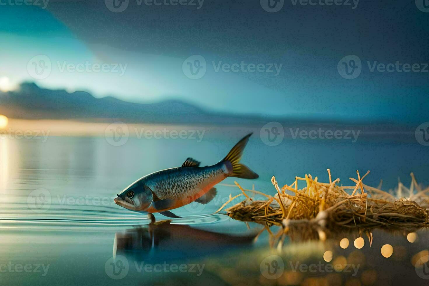 a fish is standing on the water with grass. AI-Generated photo