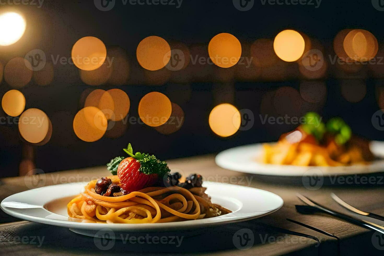 two plates of spaghetti with meat and berries on a wooden table. AI-Generated photo