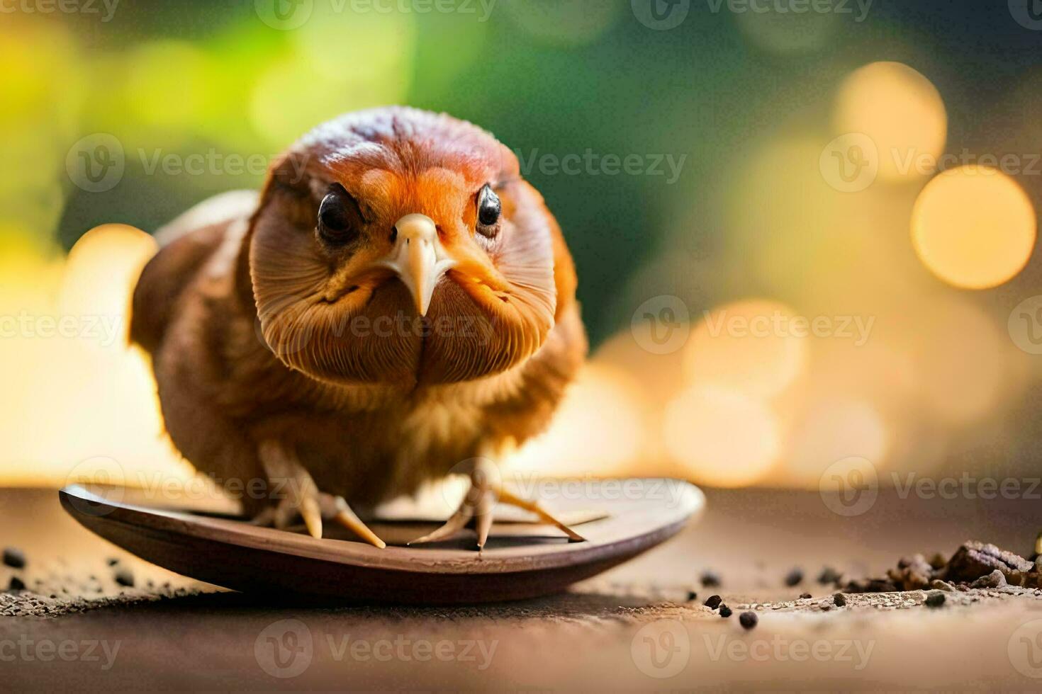 a small bird is sitting on a wooden plate. AI-Generated photo