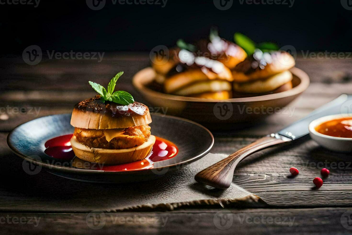 a plate with two mini sandwiches on it. AI-Generated photo