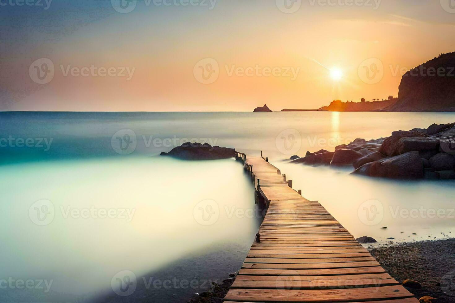 a wooden boardwalk leads to the ocean at sunset. AI-Generated photo