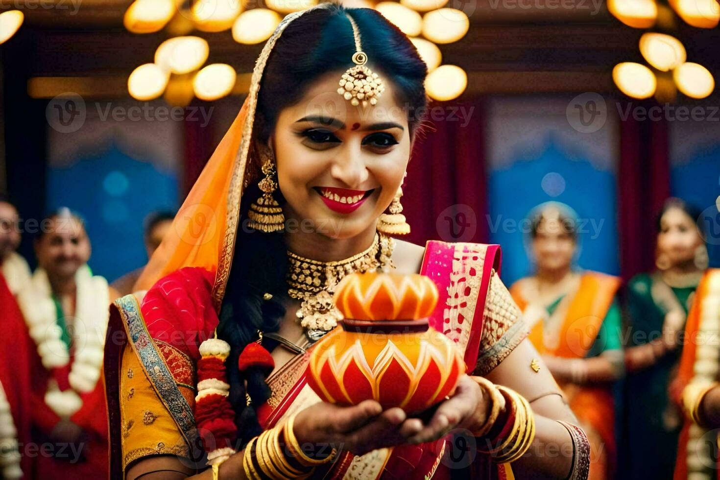 a woman in traditional indian attire holding a pot. AI-Generated photo