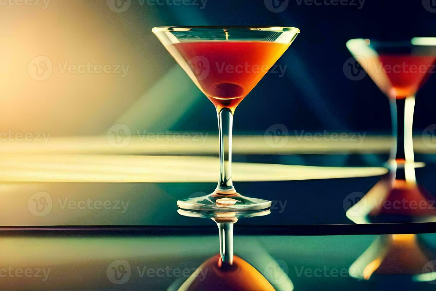 two martinis sit on a table with a bright light behind them. AI-Generated photo