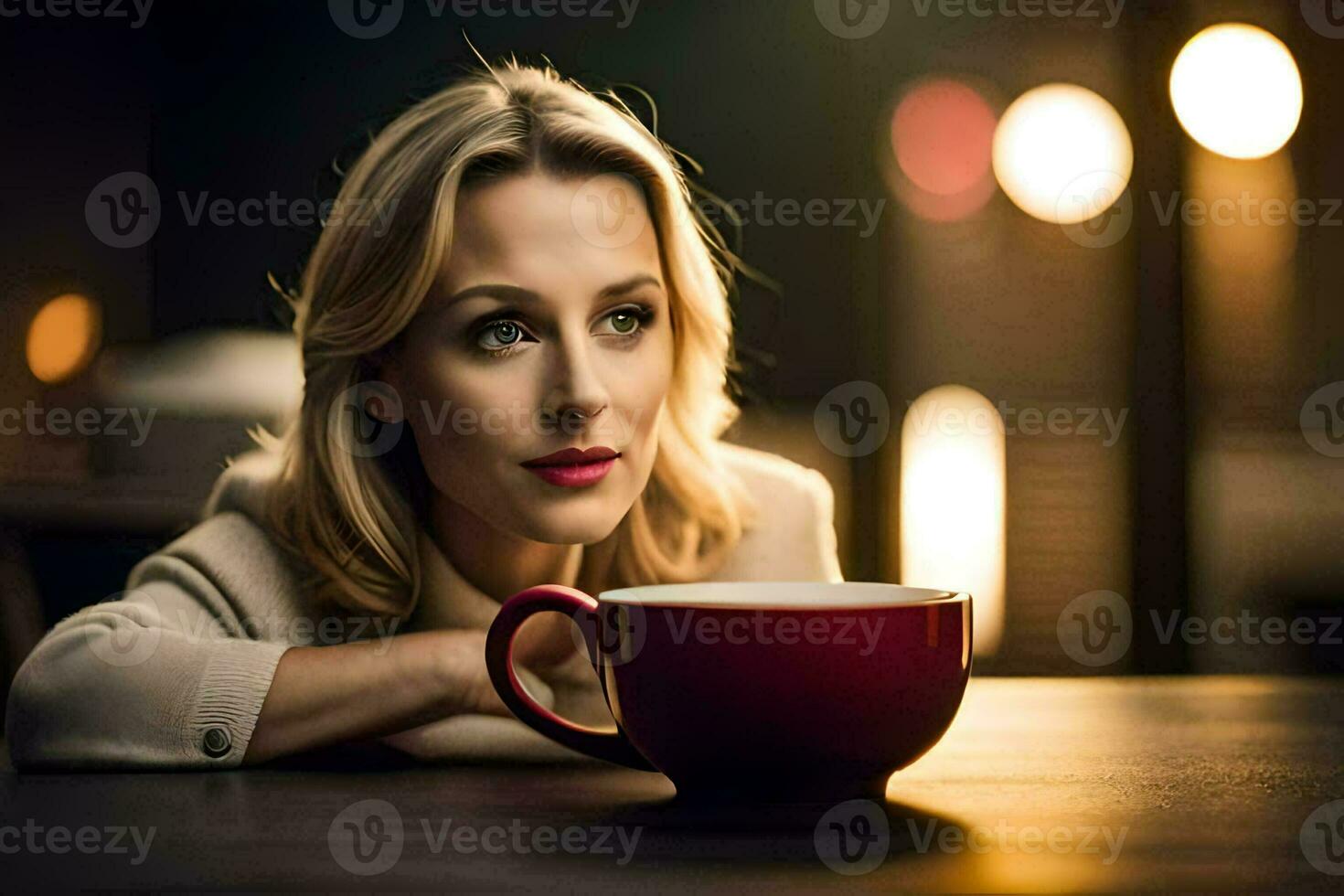 a woman is sitting at a table with a red cup. AI-Generated photo