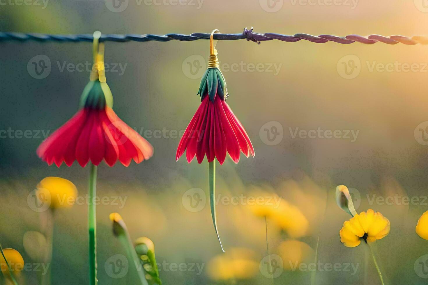 two red flowers hanging from a wire fence. AI-Generated photo