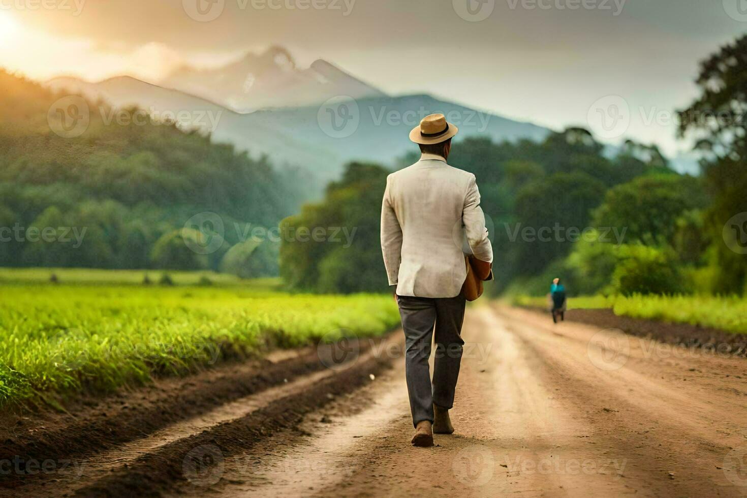 a man in a suit and hat walking down a dirt road. AI-Generated photo