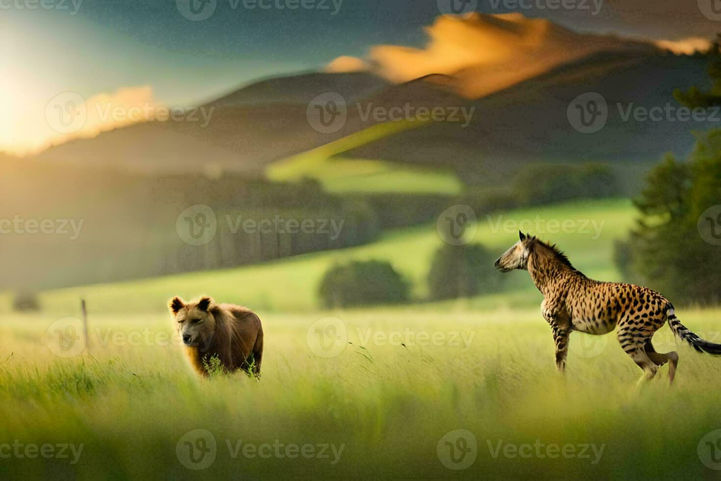 two zebras and a bear in a field. AI-Generated photo