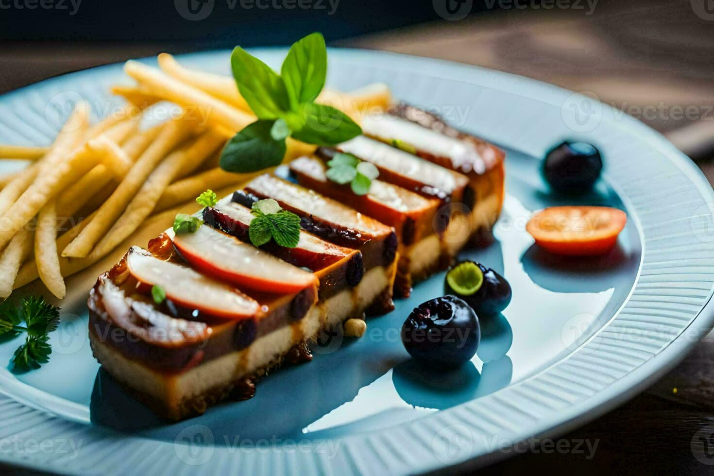 a plate with a slice of cheese and french fries. AI-Generated photo