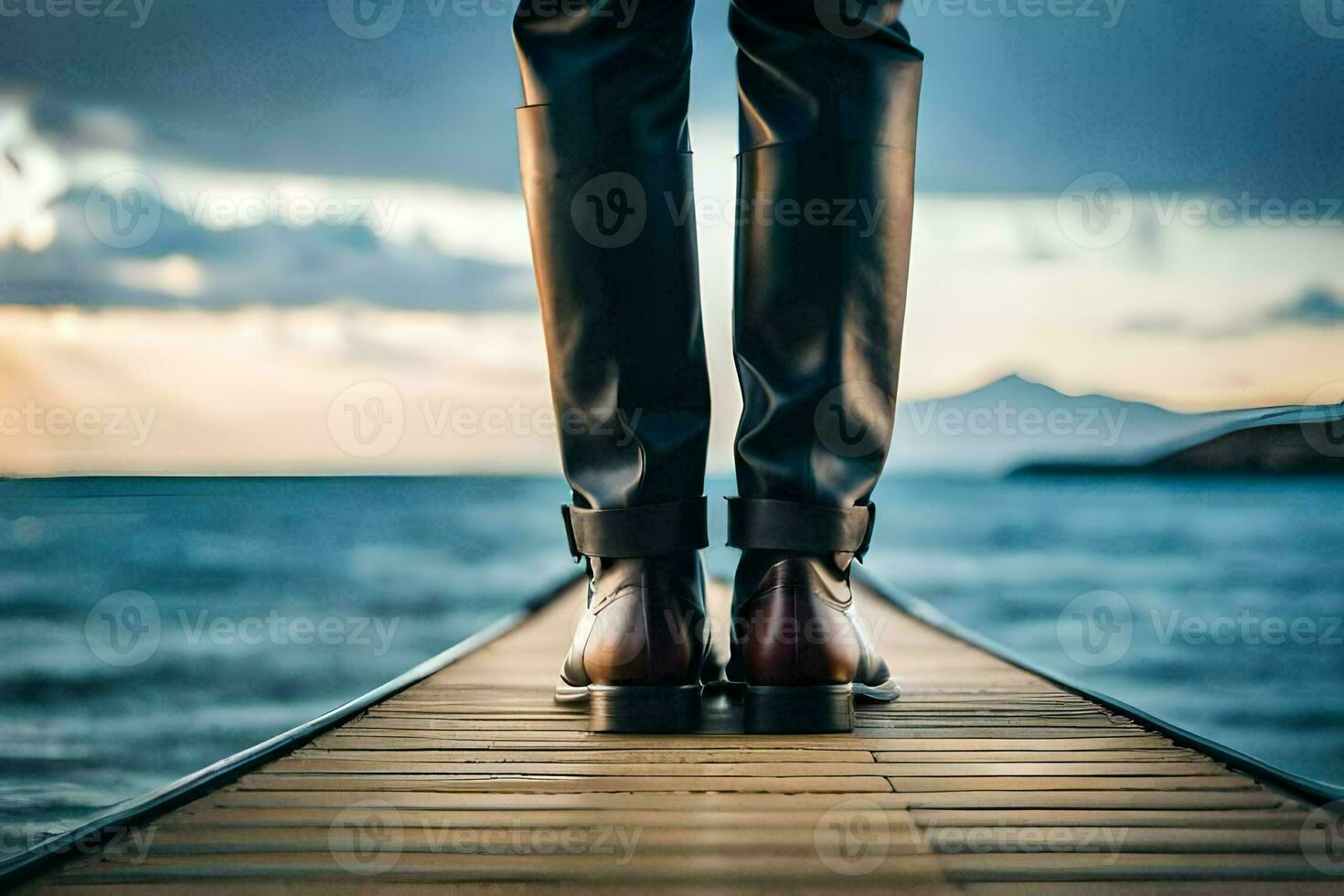 a person standing on a dock with their shoes on. AI-Generated photo