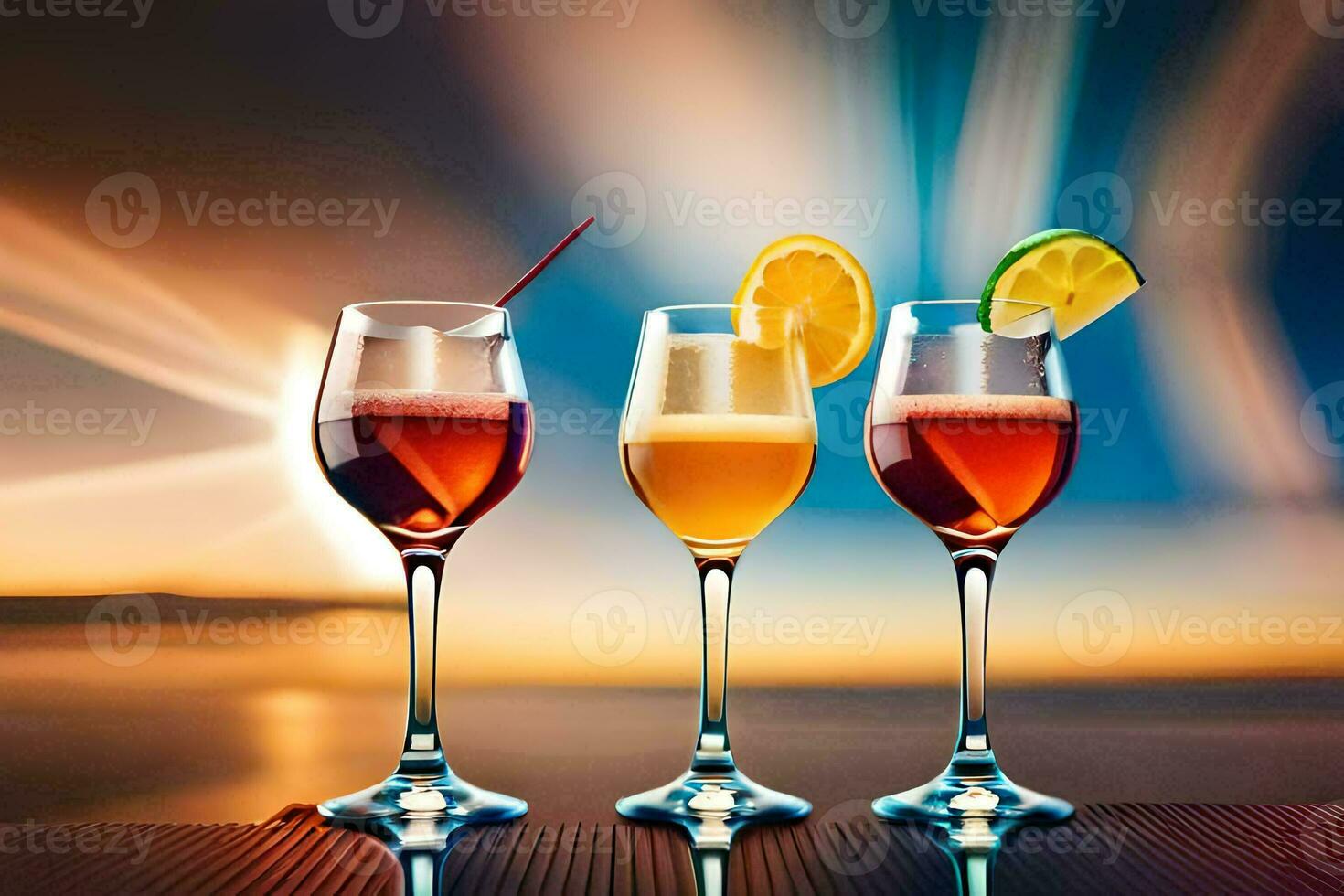 three glasses of wine with a sunset in the background. AI-Generated photo