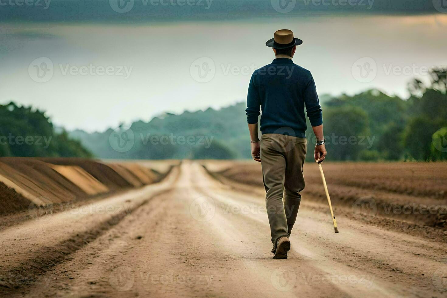 un hombre caminando abajo un suciedad la carretera con un caña. generado por ai foto