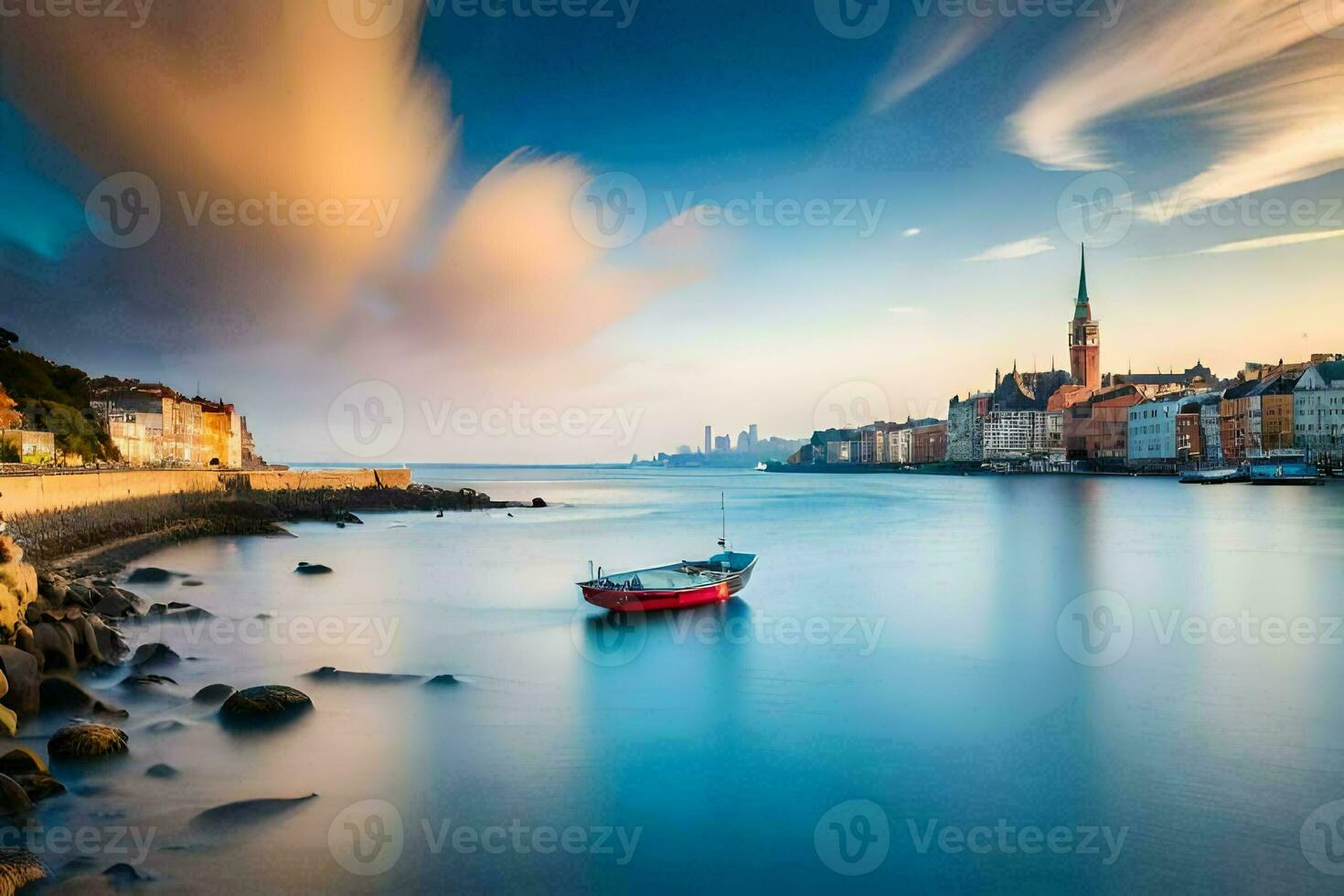 a boat is sailing in the water near a city. AI-Generated photo