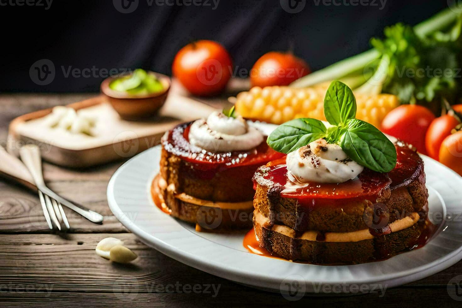 two cakes with cream and tomatoes on a plate. AI-Generated photo