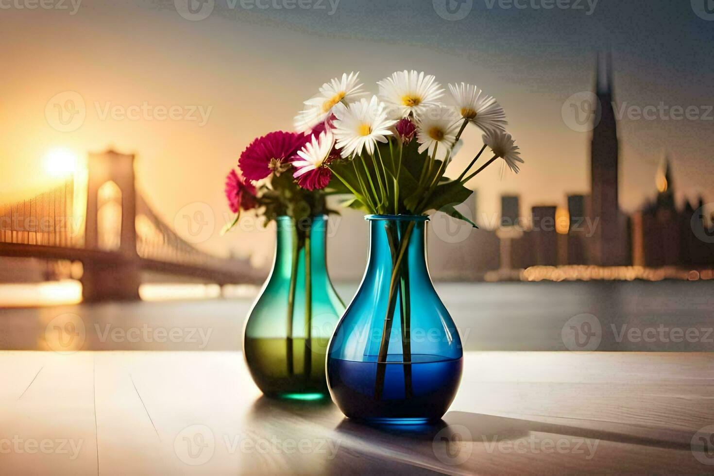 two vases with flowers on a table in front of a city skyline. AI-Generated photo