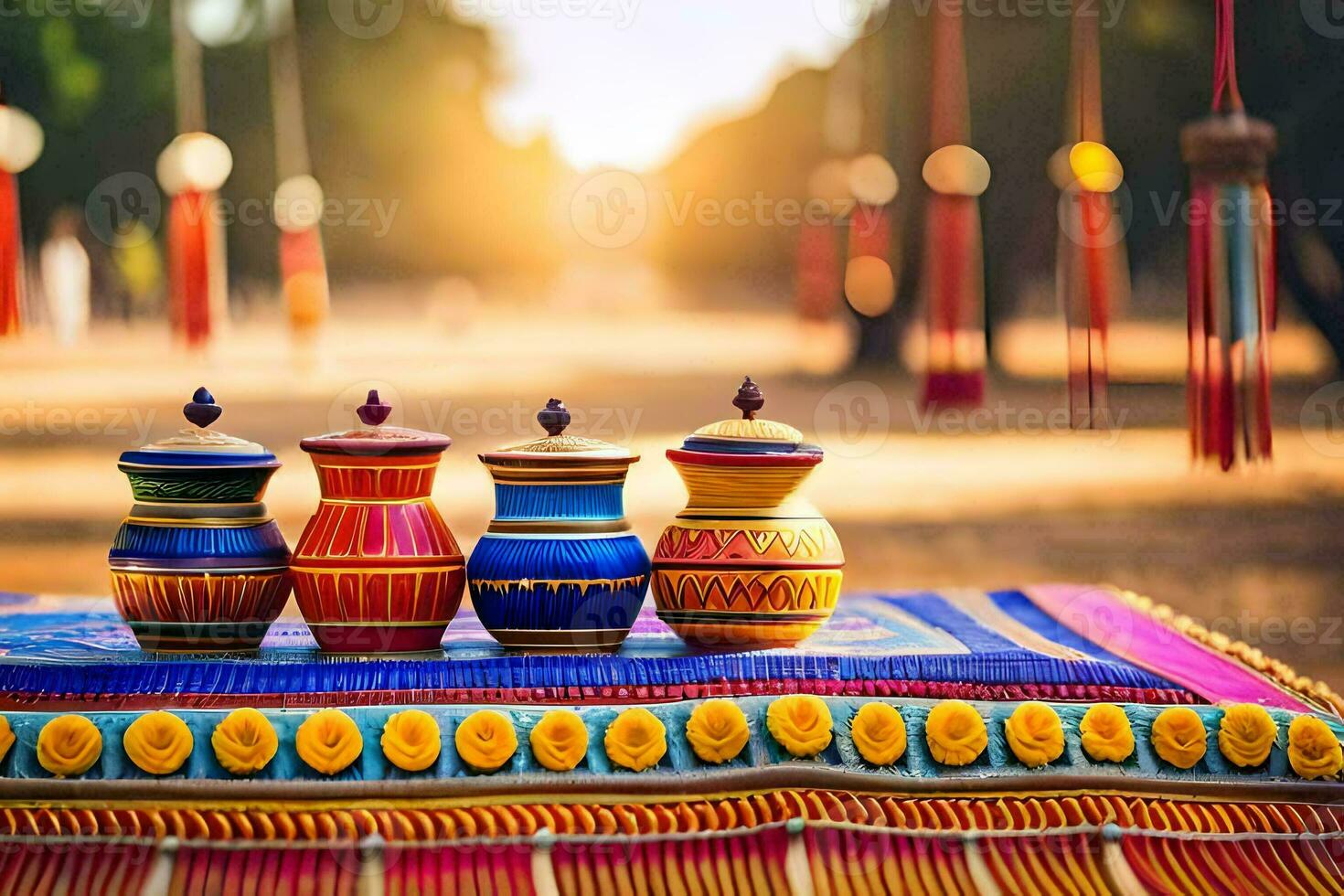 three colorful pots sitting on a table with a sun in the background. AI-Generated photo