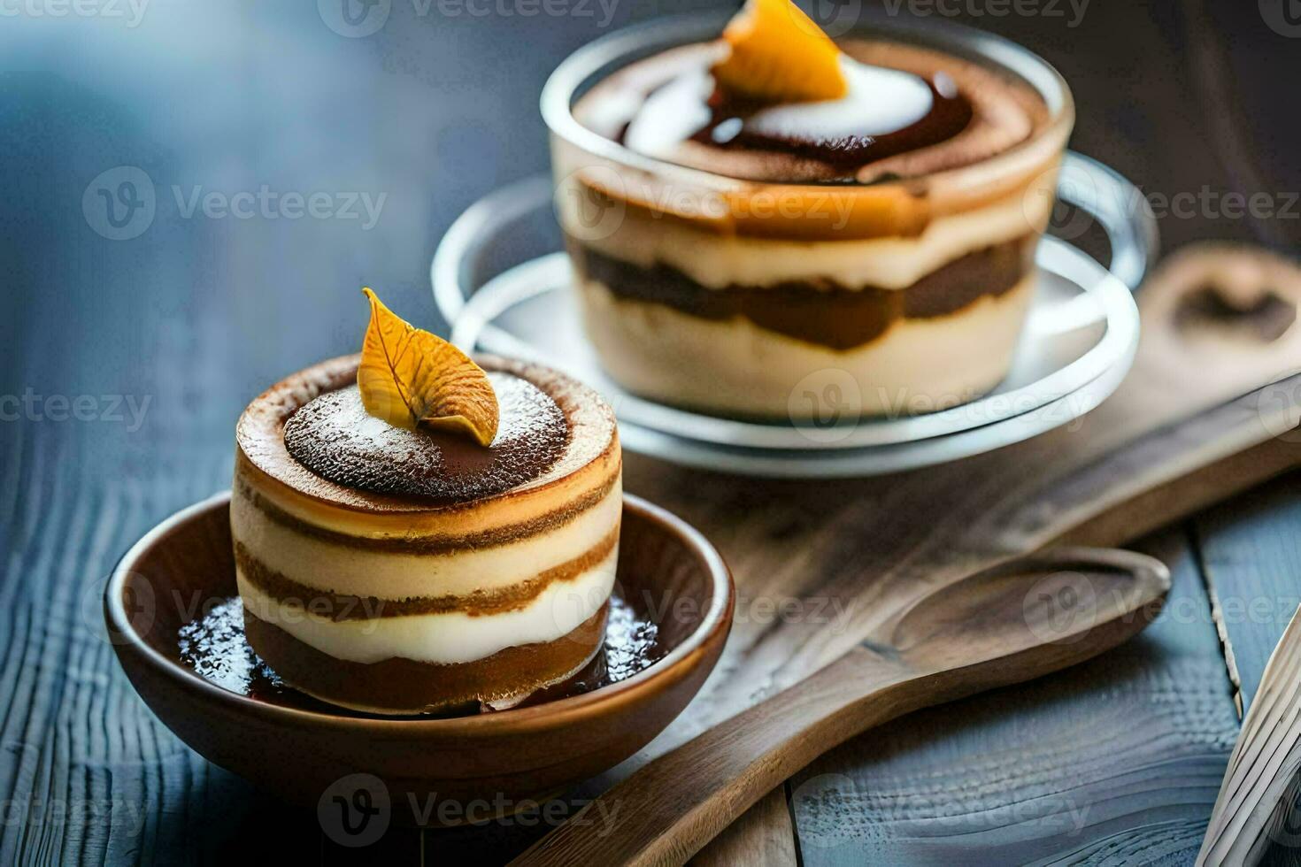 two desserts on a wooden table. AI-Generated photo