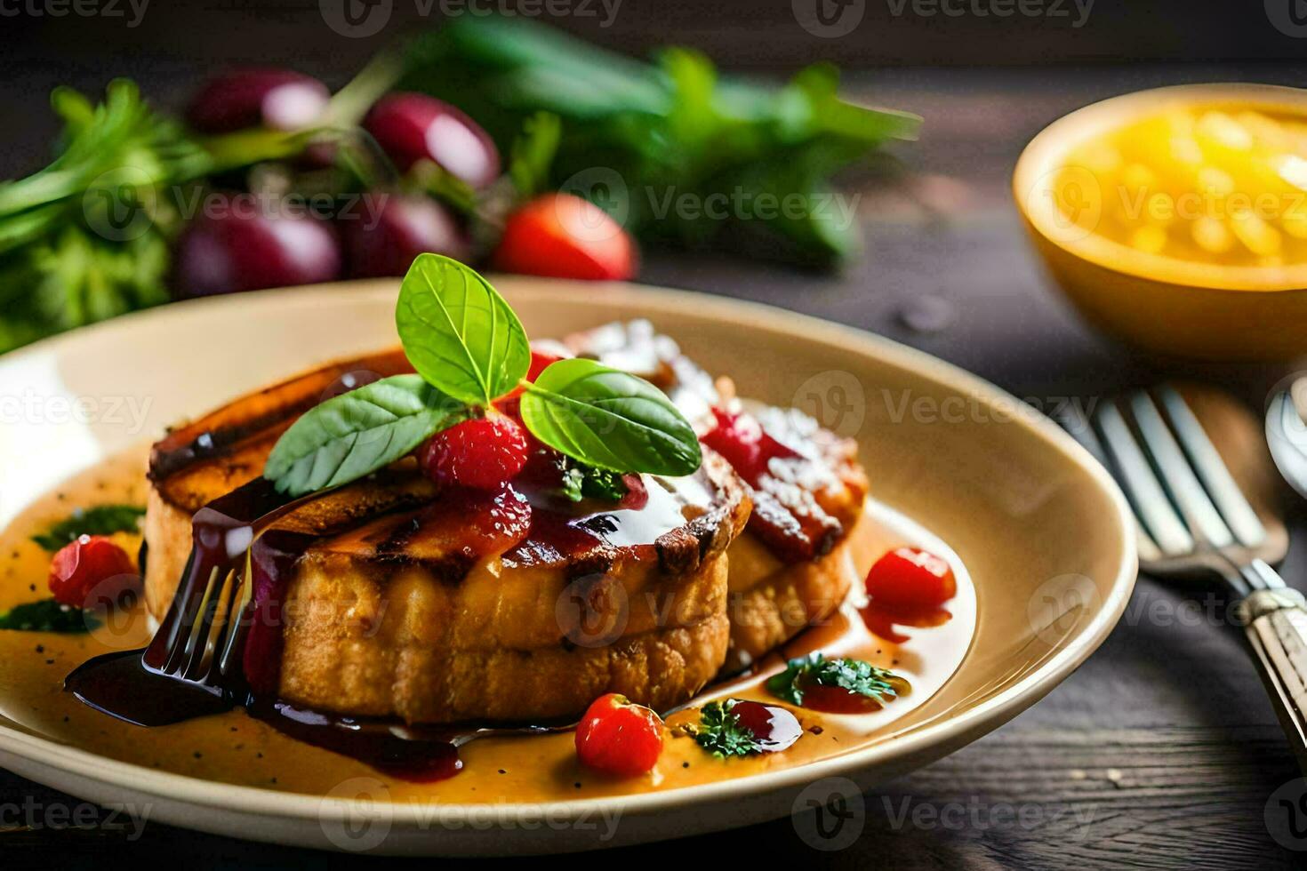 grilled pork tenderloin with cherry tomatoes and basil. AI-Generated photo