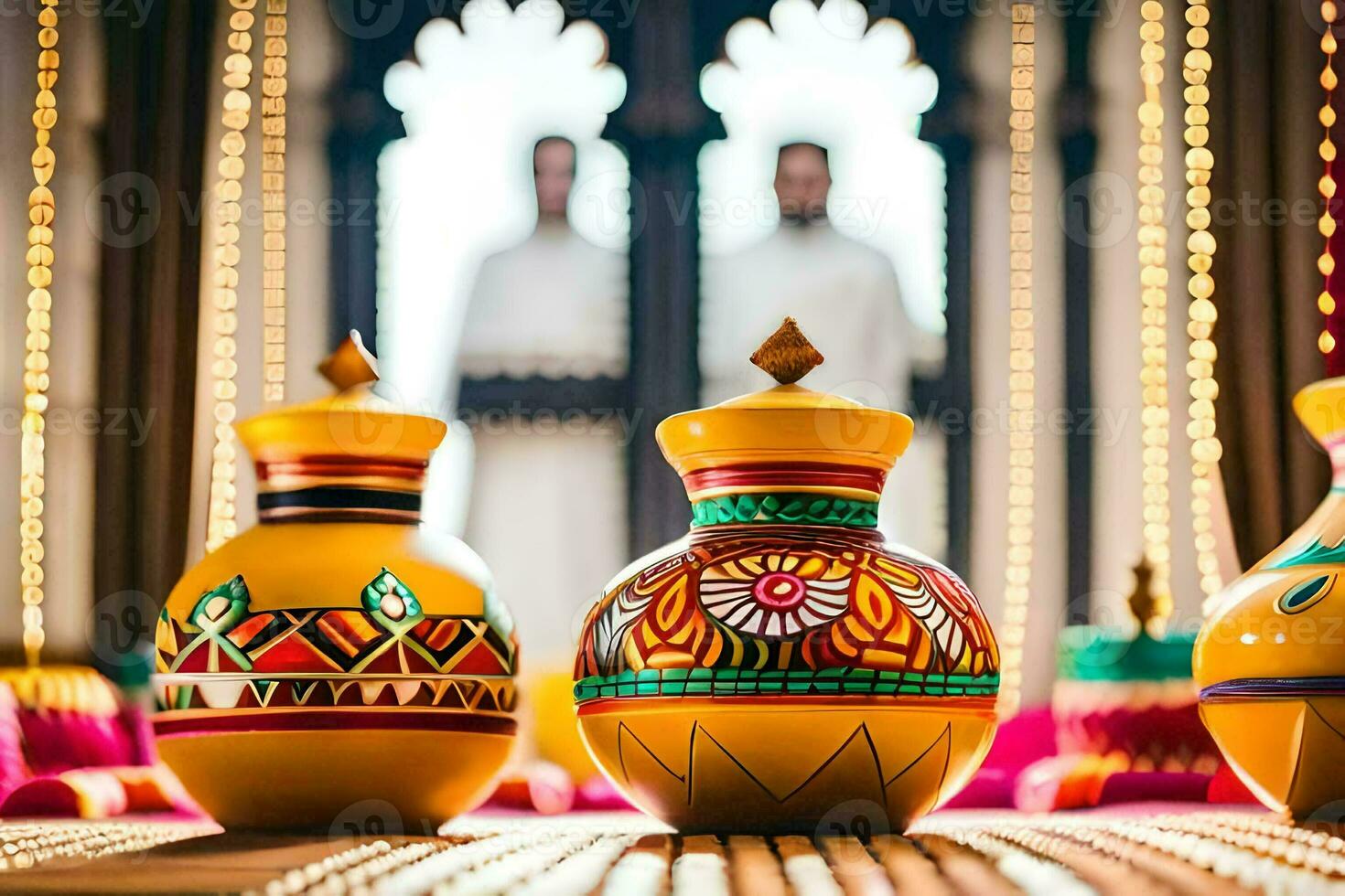 three colorful vases on a table with a window in the background. AI-Generated photo
