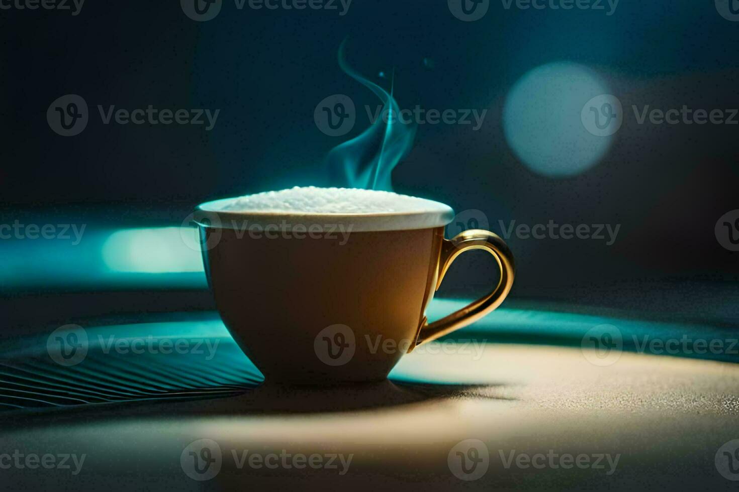 a cup of coffee is on a table with a blue light. AI-Generated photo