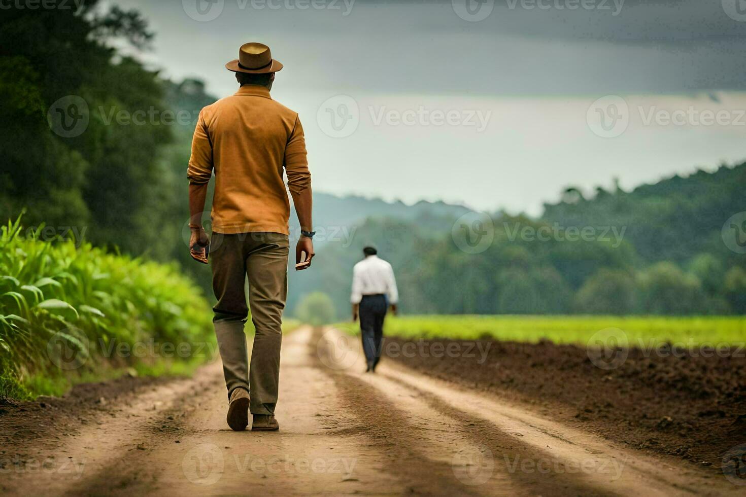 a man walking down a dirt road with another man in the background. AI-Generated photo