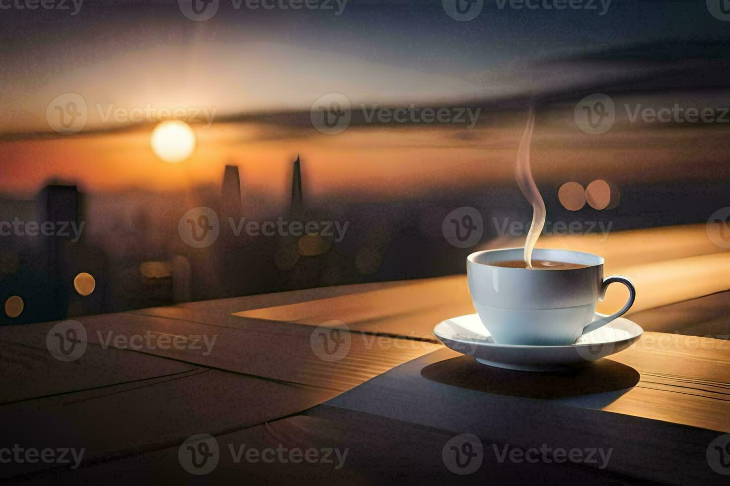 a cup of coffee on a wooden table with a city in the background. AI-Generated photo