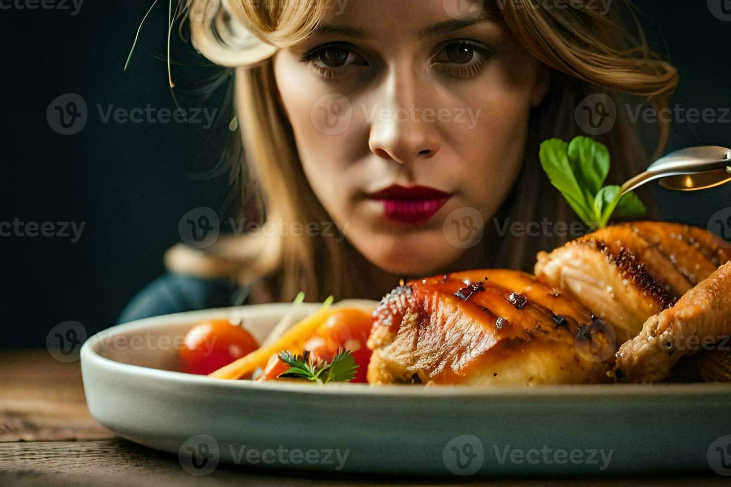 un mujer es participación un plato con un pollo en él. generado por ai foto