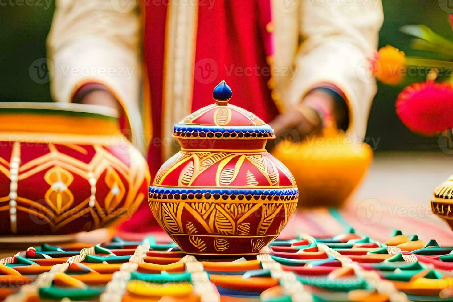 a man is holding a pot with colorful decorations. AI-Generated photo