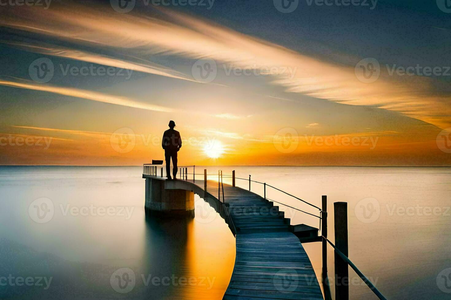 a man stands on a pier at sunset. AI-Generated photo