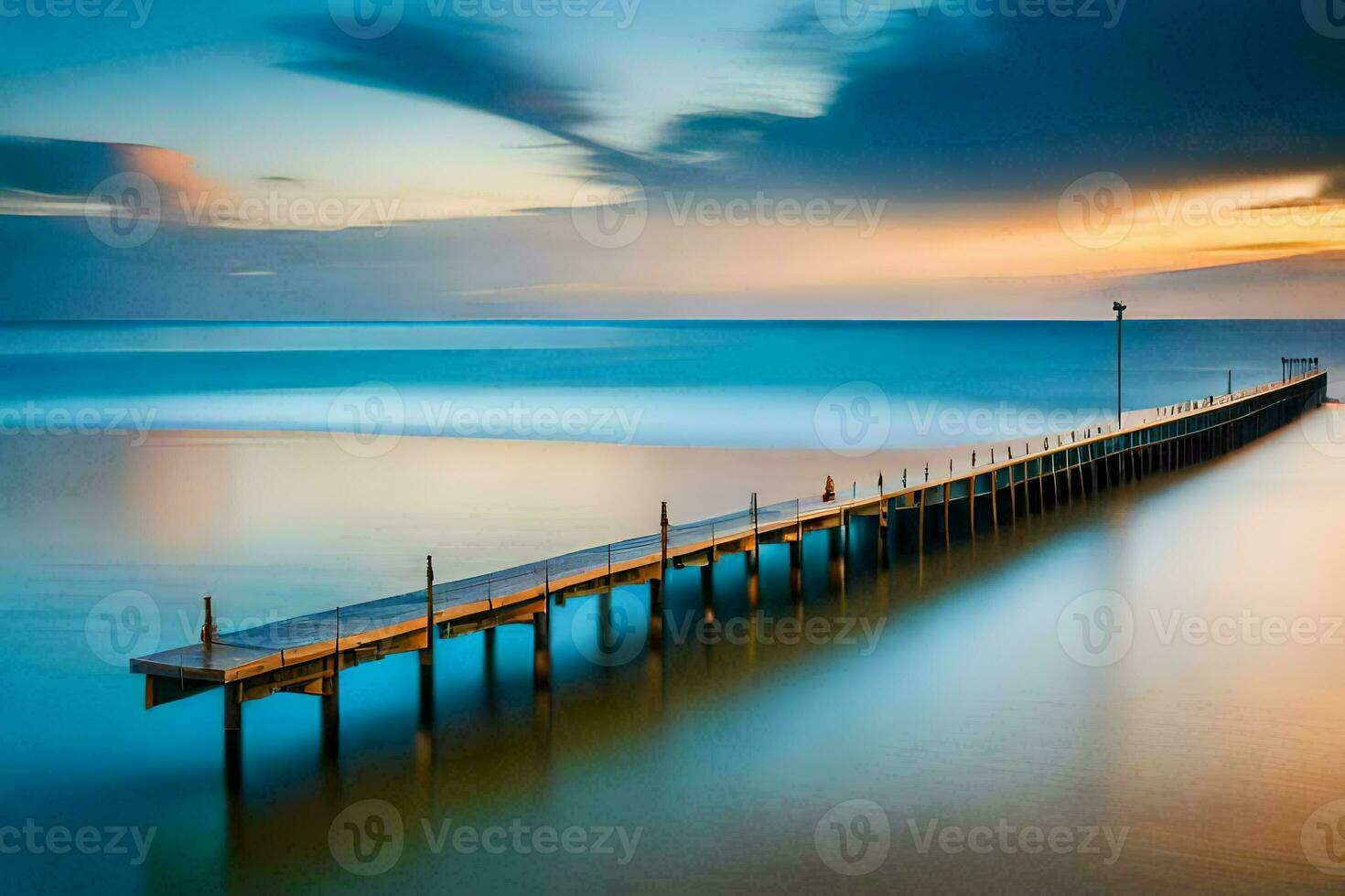 a long exposure photo of a pier in the ocean. AI-Generated