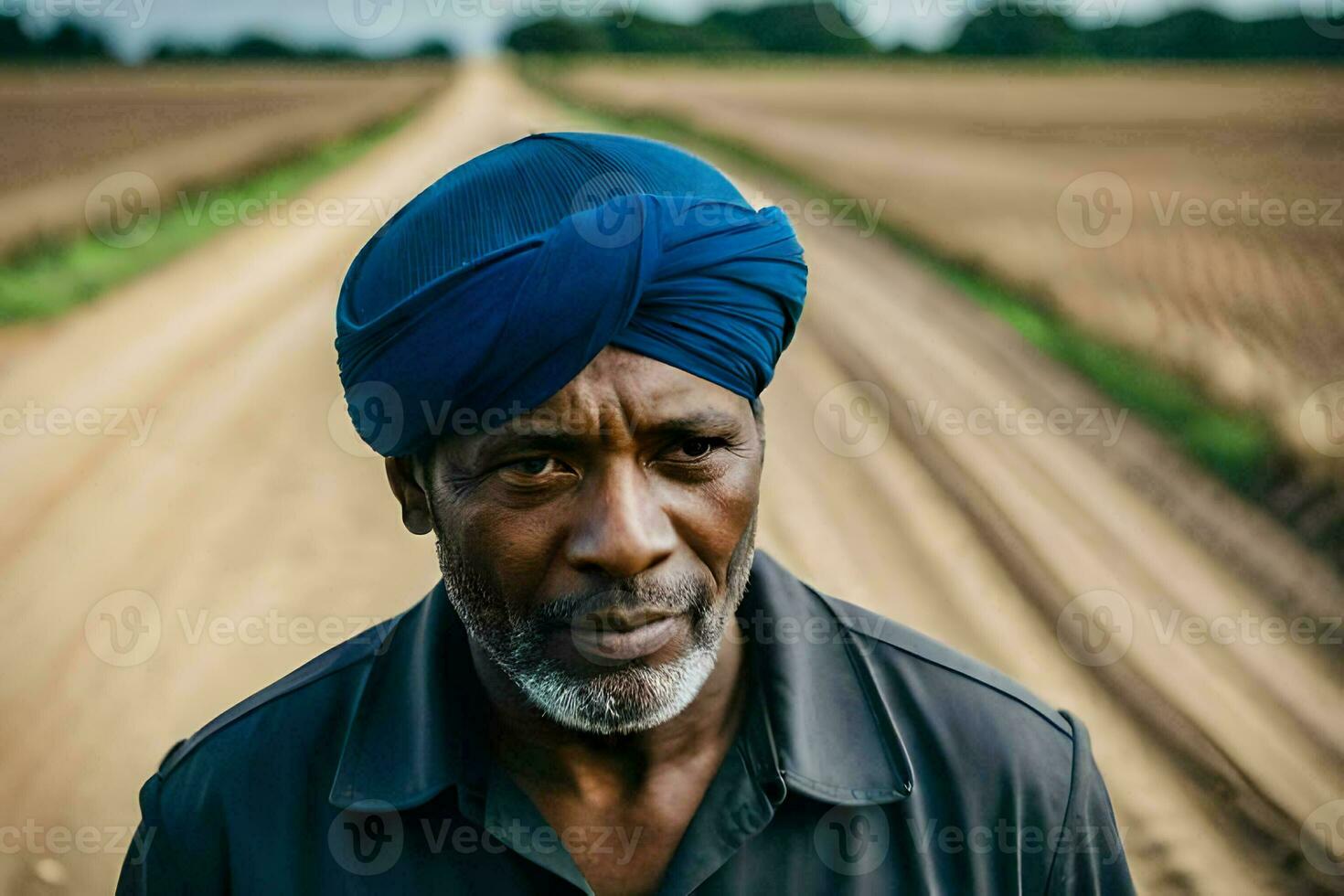 a man wearing a turban stands in a field. AI-Generated photo