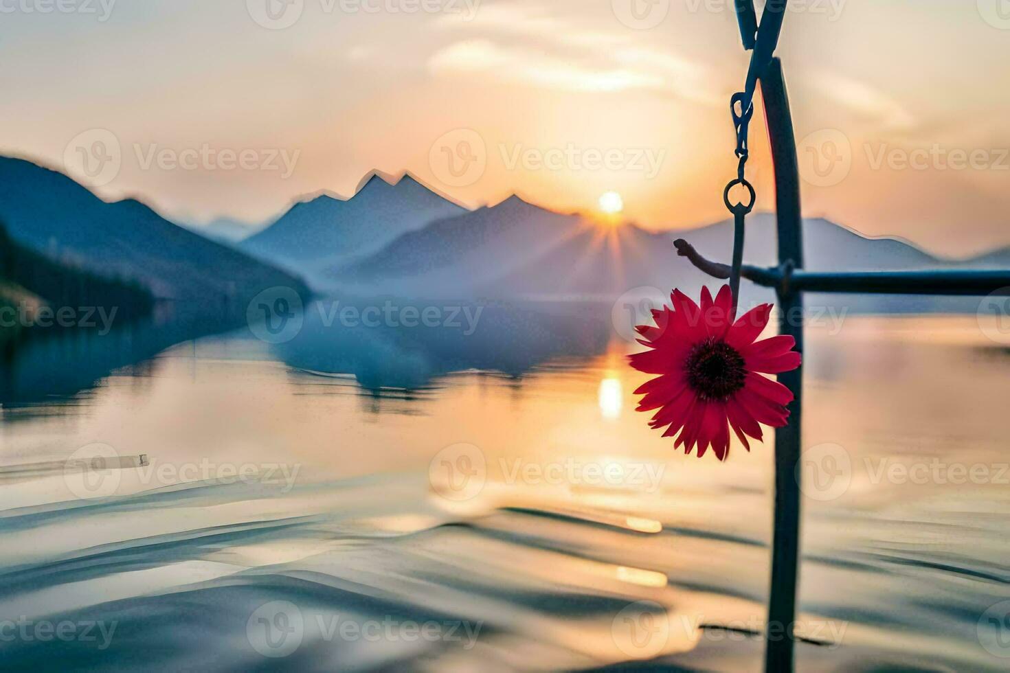 a red flower is hanging from a pole in front of a lake. AI-Generated photo