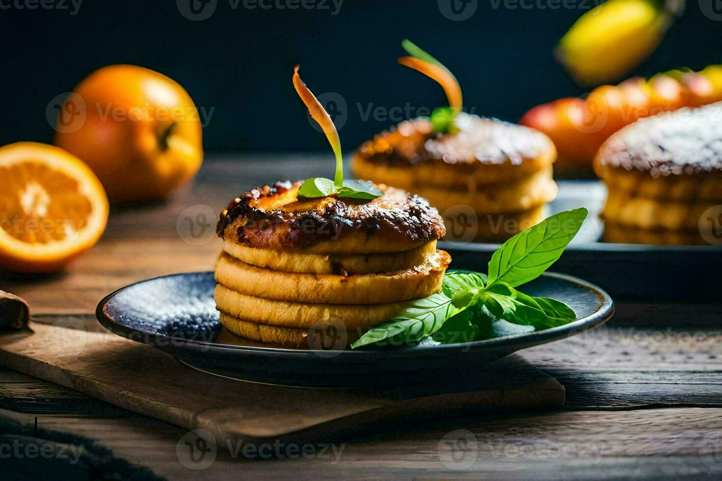 three pancakes on a plate with oranges and mint. AI-Generated photo