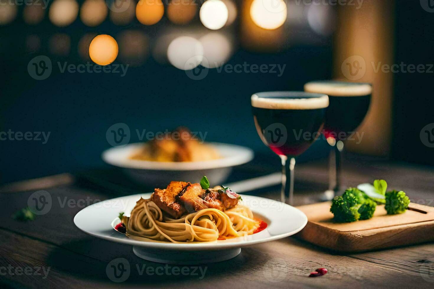 spaghetti with meat and vegetables on a wooden table. AI-Generated photo