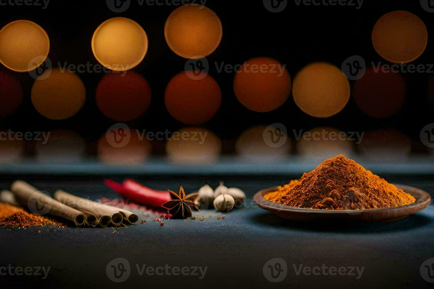spices and spices on a table with a blurry background. AI-Generated photo