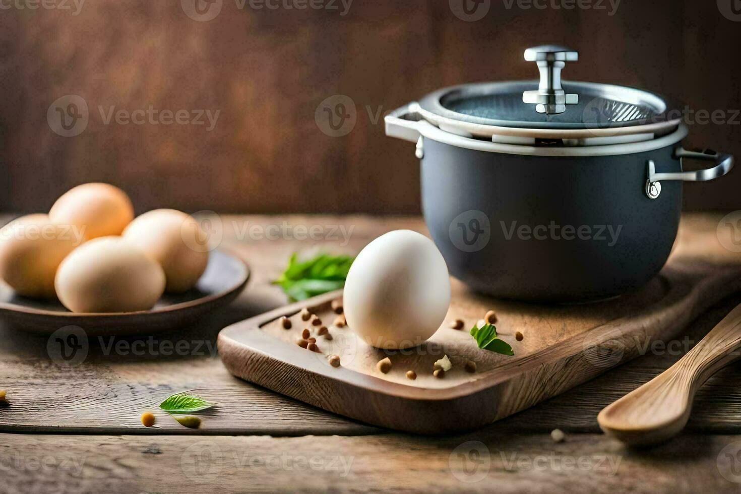 eggs on a wooden table with a pot and a wooden spoon. AI-Generated photo