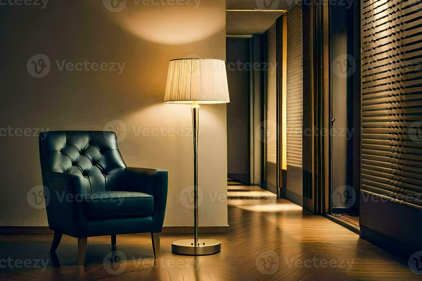 a chair and lamp in a hallway. AI-Generated photo
