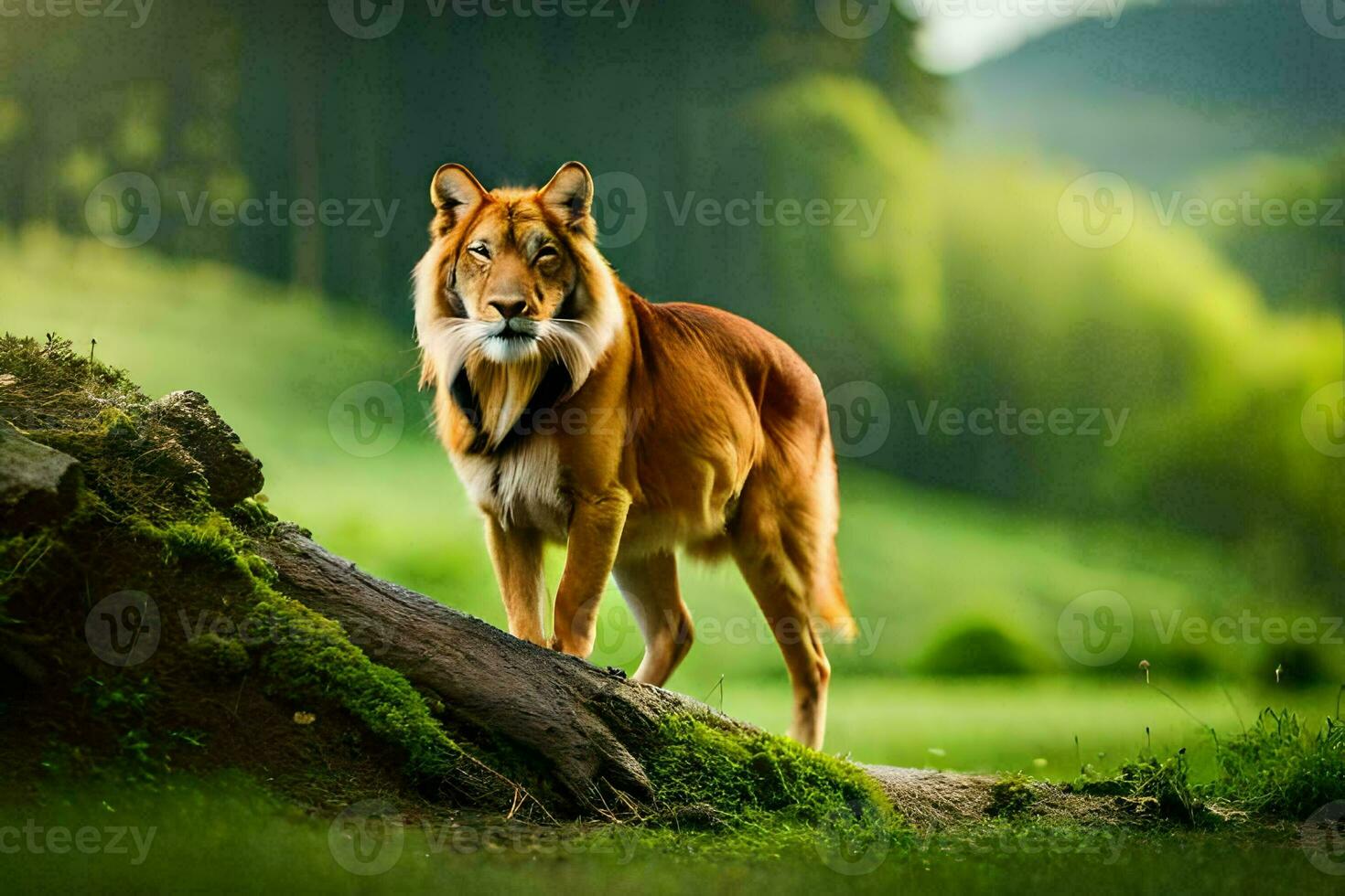 a tiger standing on a log in the middle of a green field. AI-Generated photo