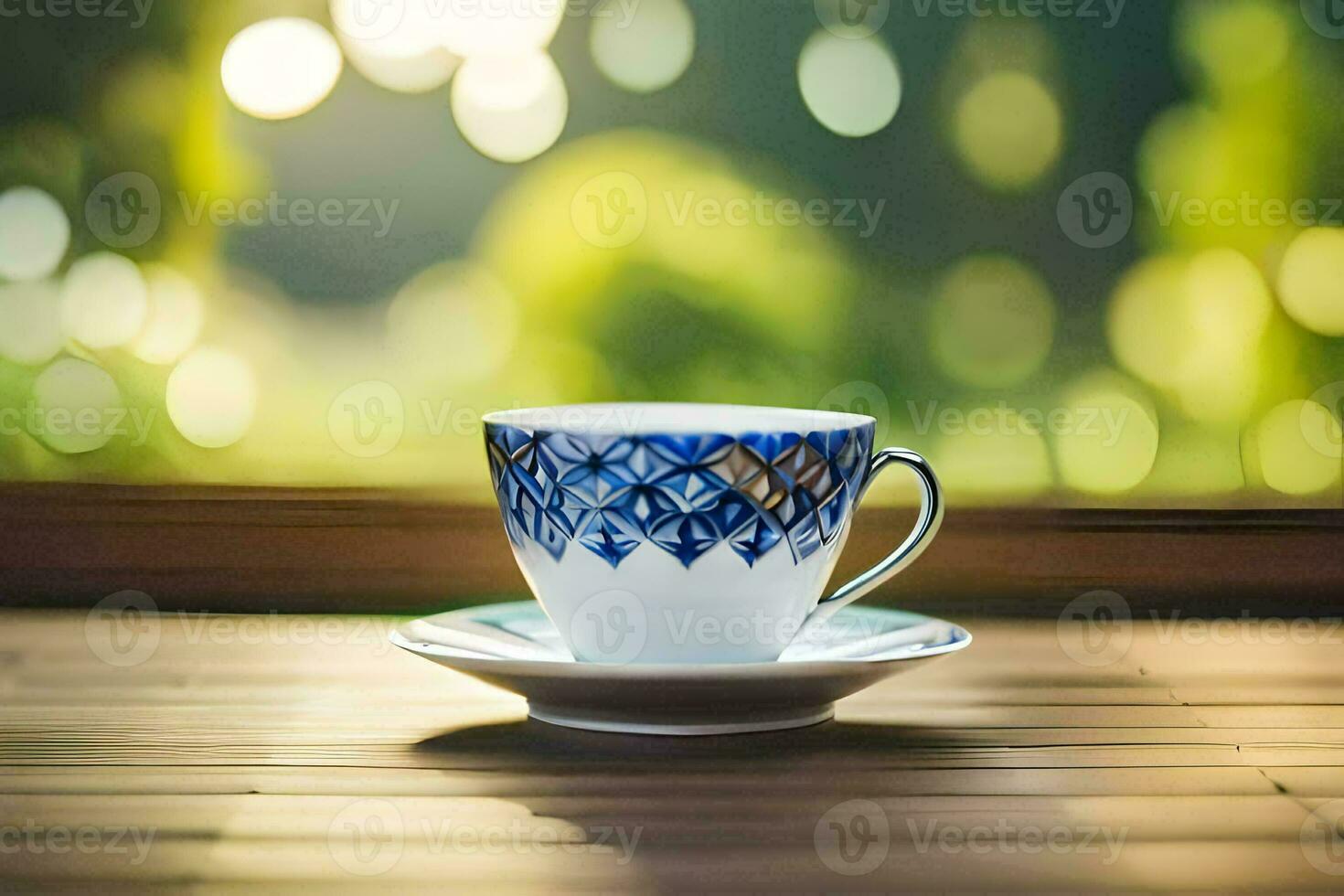 un taza de té en un de madera mesa. generado por ai foto