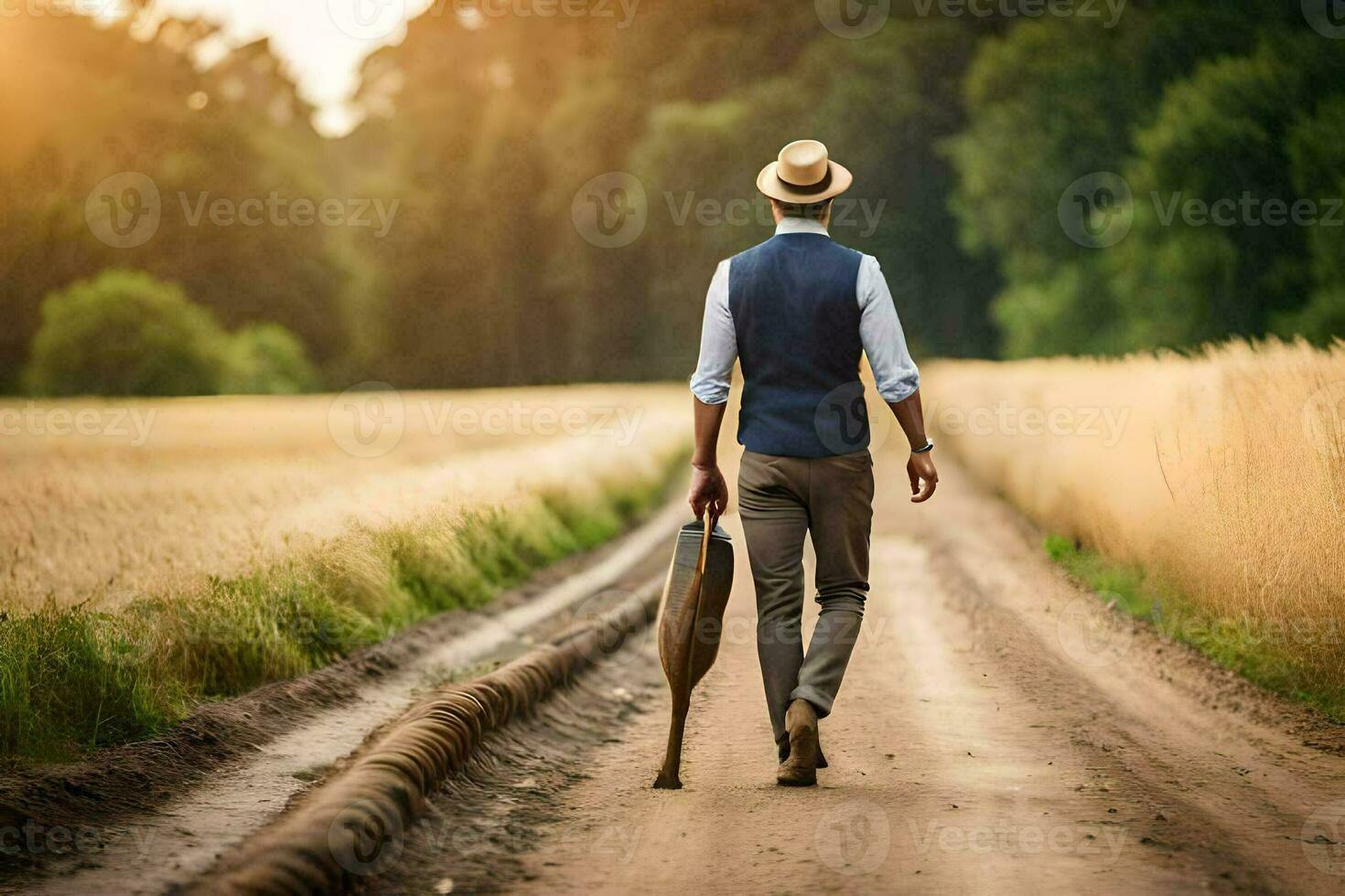 a man walking down a dirt road with a suitcase. AI-Generated photo