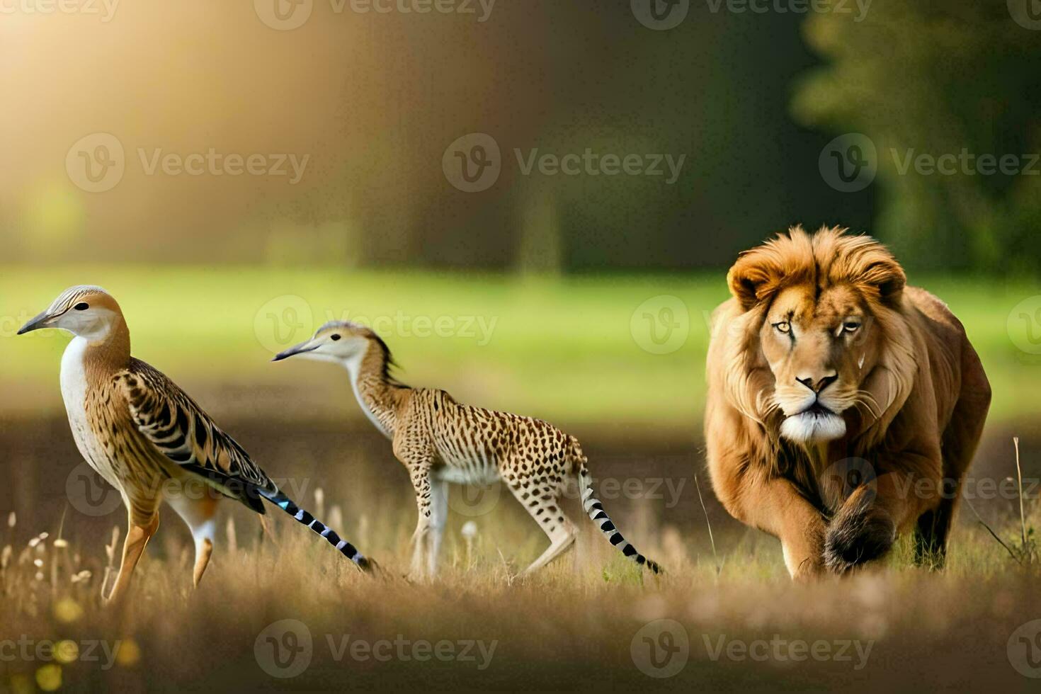 a lion and two birds in the wild. AI-Generated photo