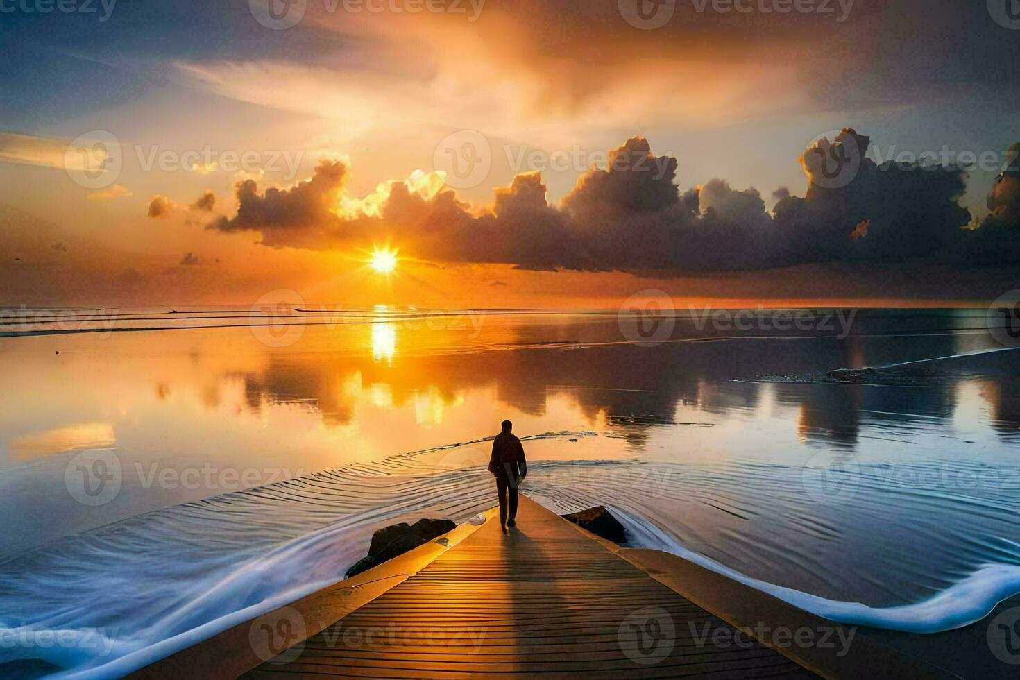 a person standing on a wooden walkway at sunset. AI-Generated photo